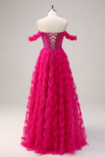 Fuchsia A-linje Lagdelt Off the Shoulder Lang Korset Gallakjole med Perlebesat